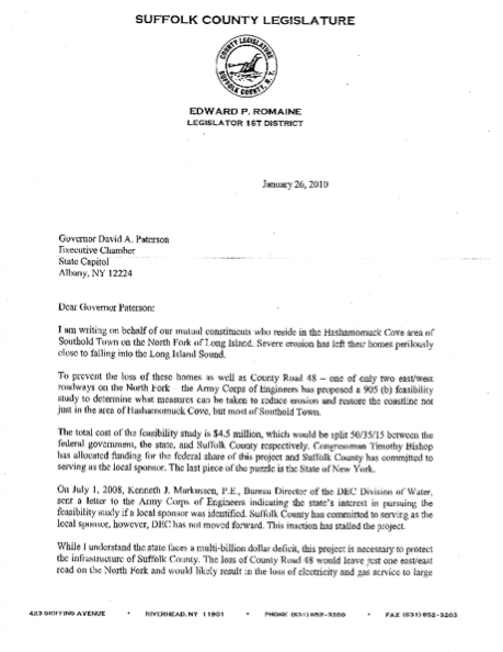 Letter from Leg. Ed Romaine to Gov. Paterson, Jan 26, 2010